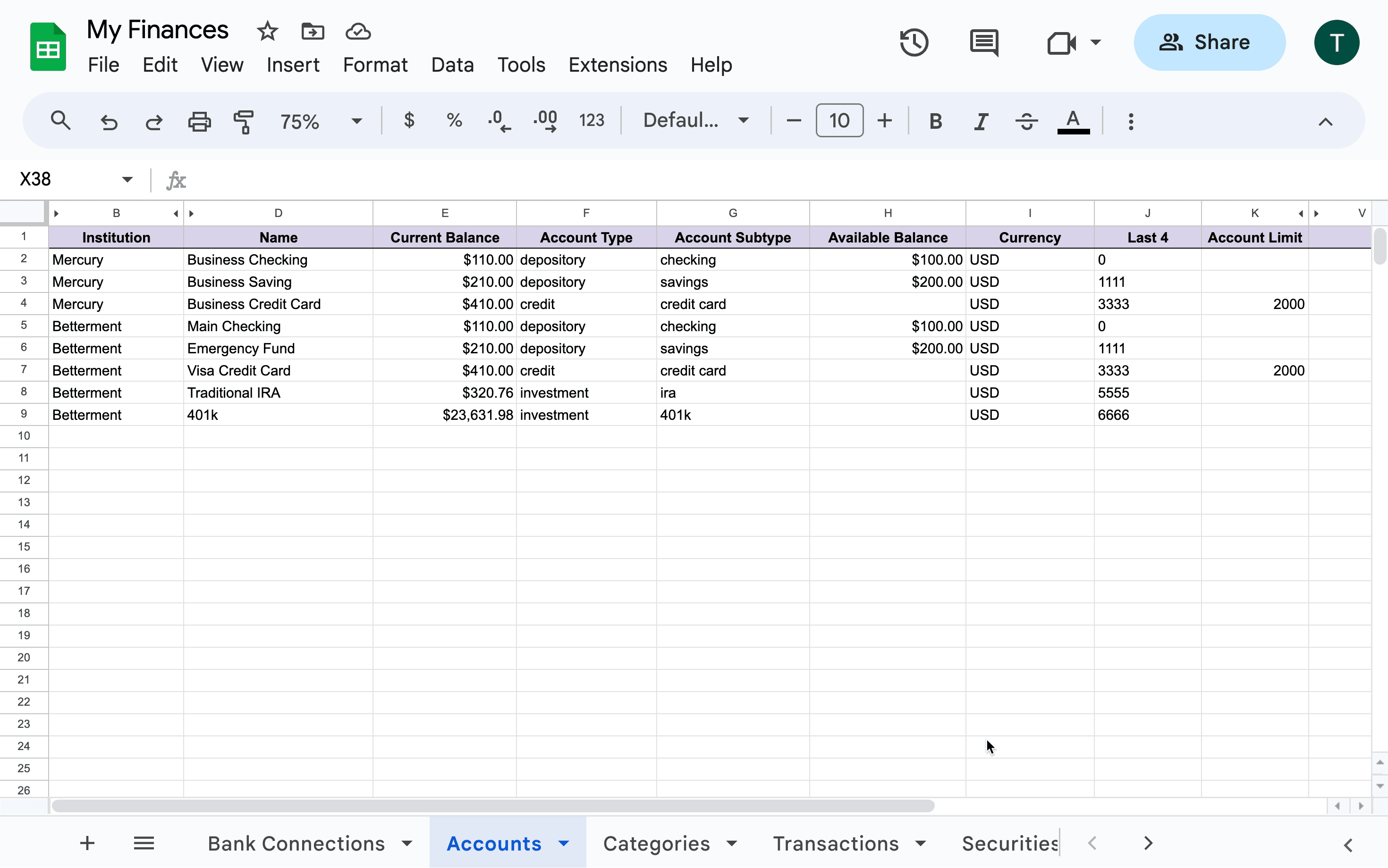 Screenshot of accounts in Google Sheets