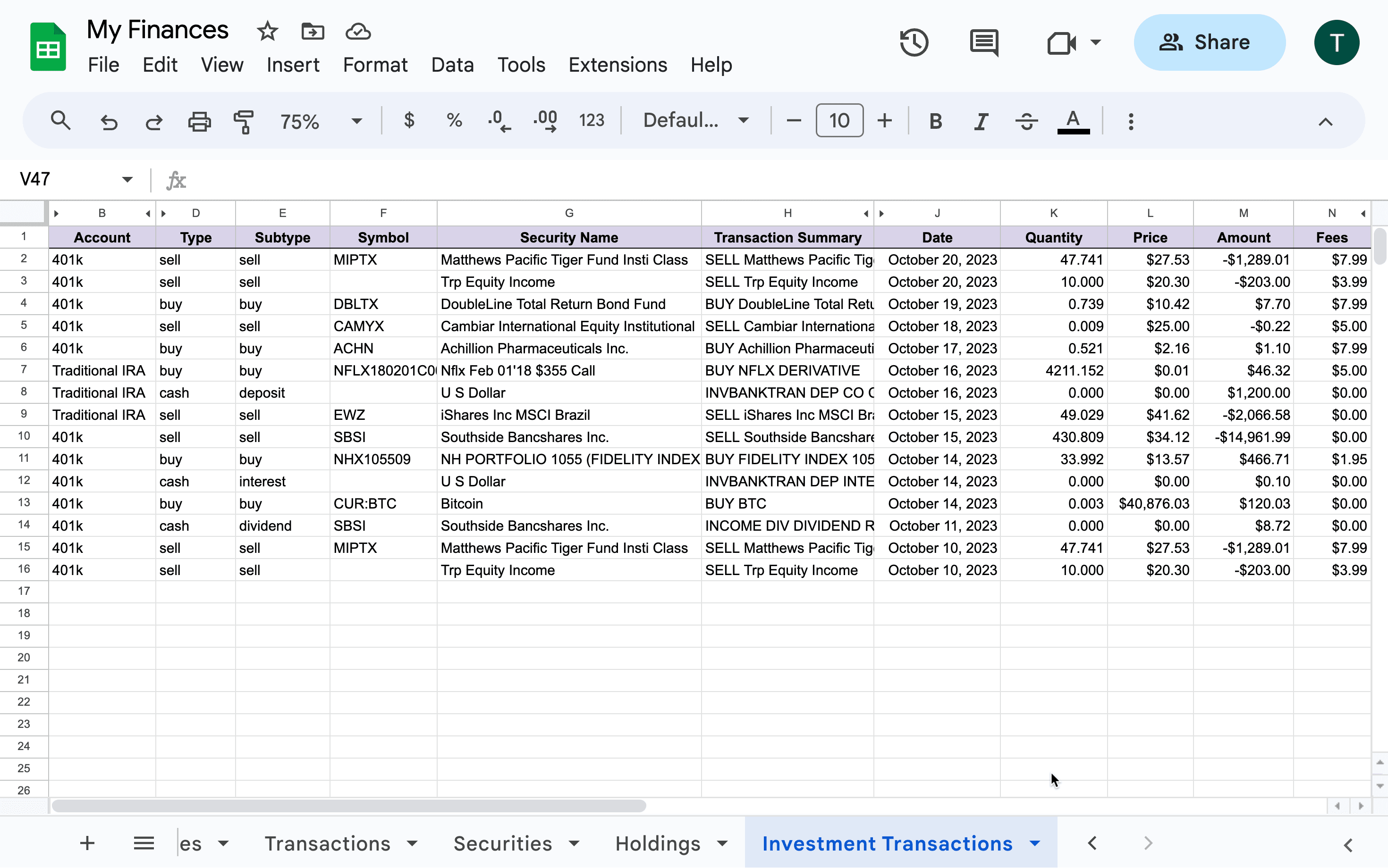 Screenshot of investment transactions in Google Sheets