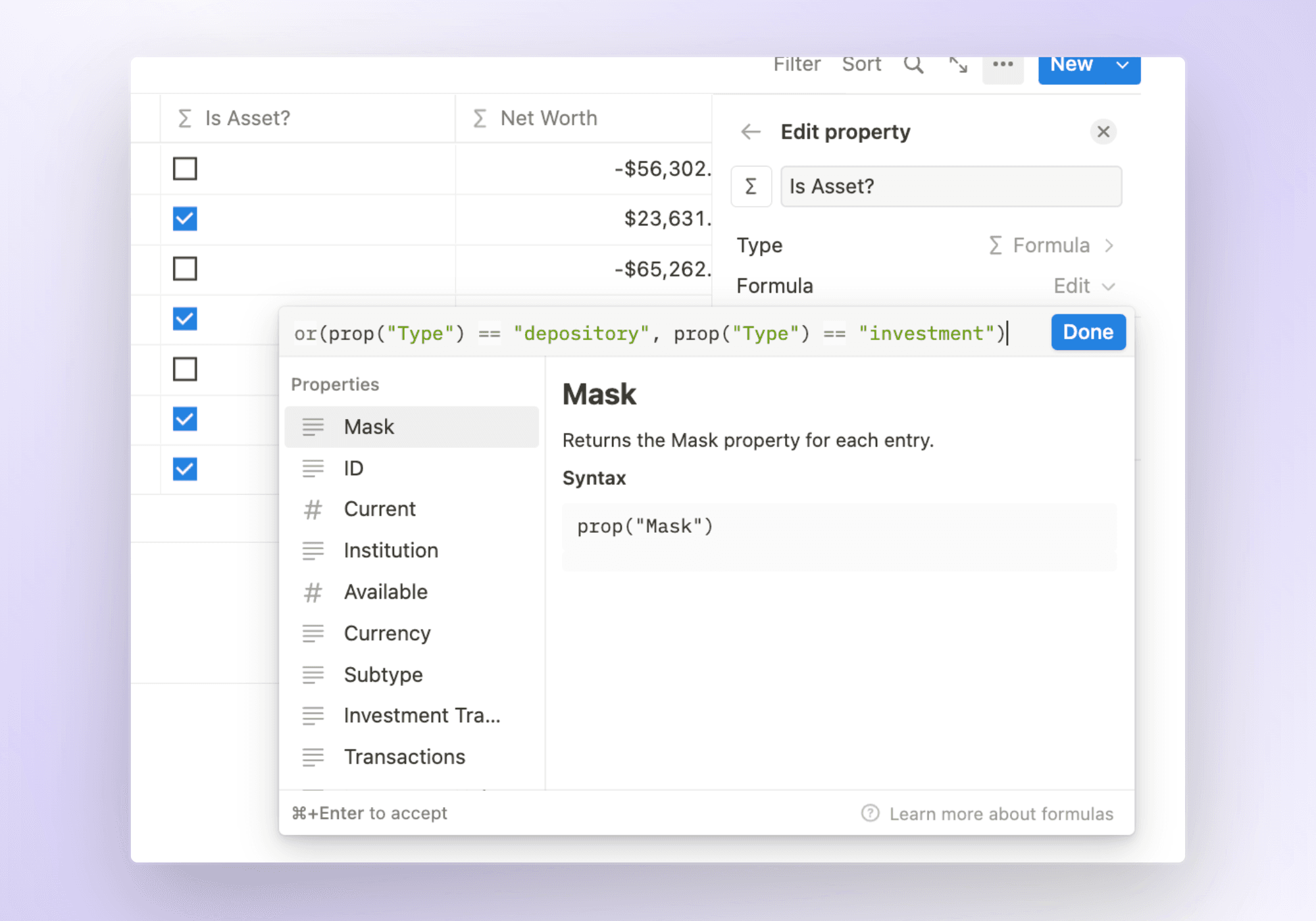 Formula for calculating if an account is an asset