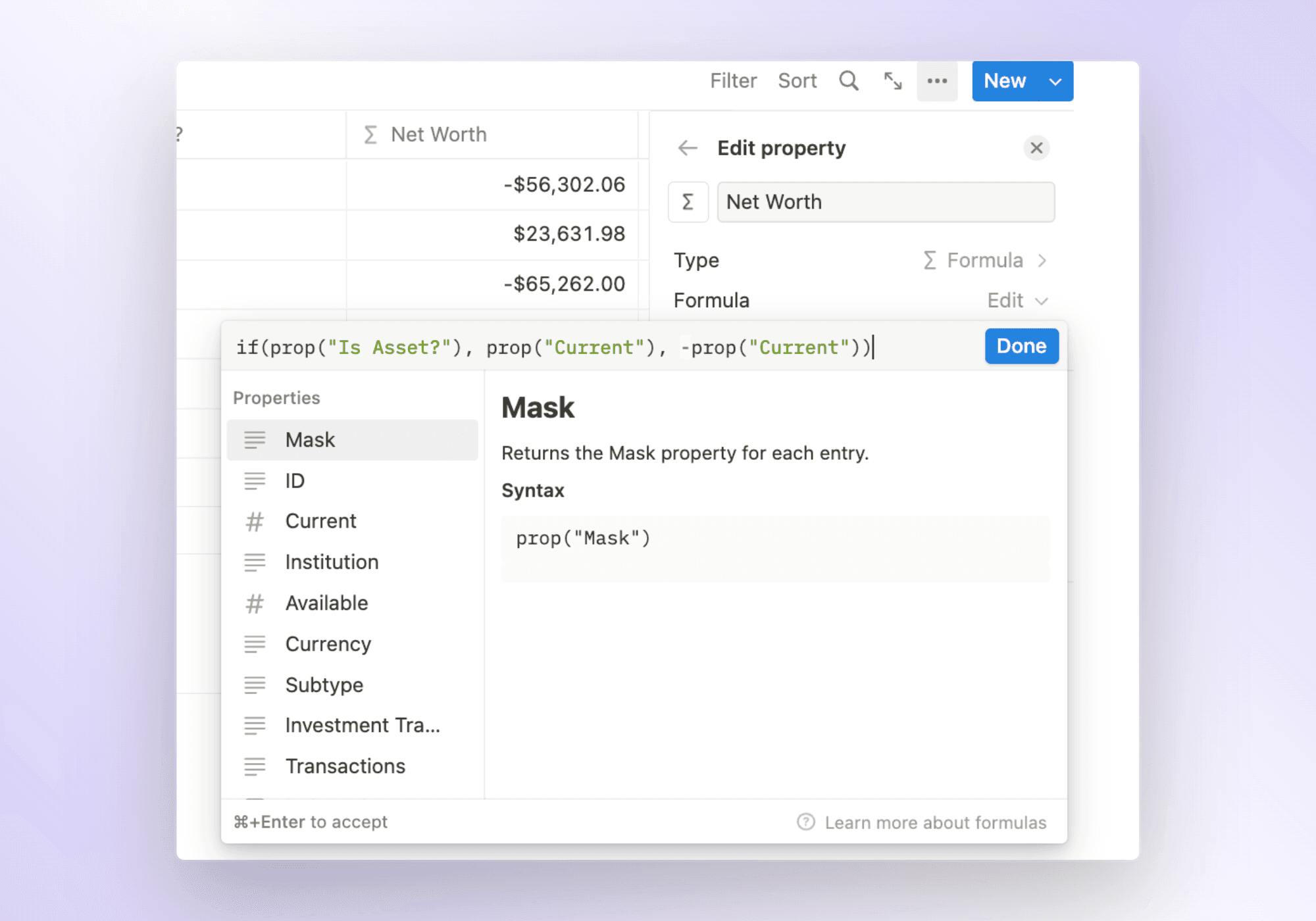 Formula to calculate an account's net worth impact