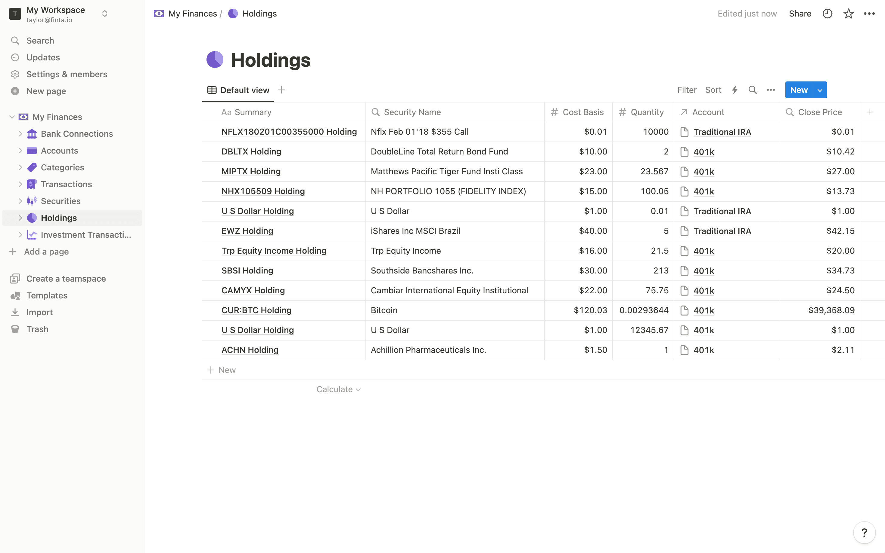 Screenshot of holdings in Notion