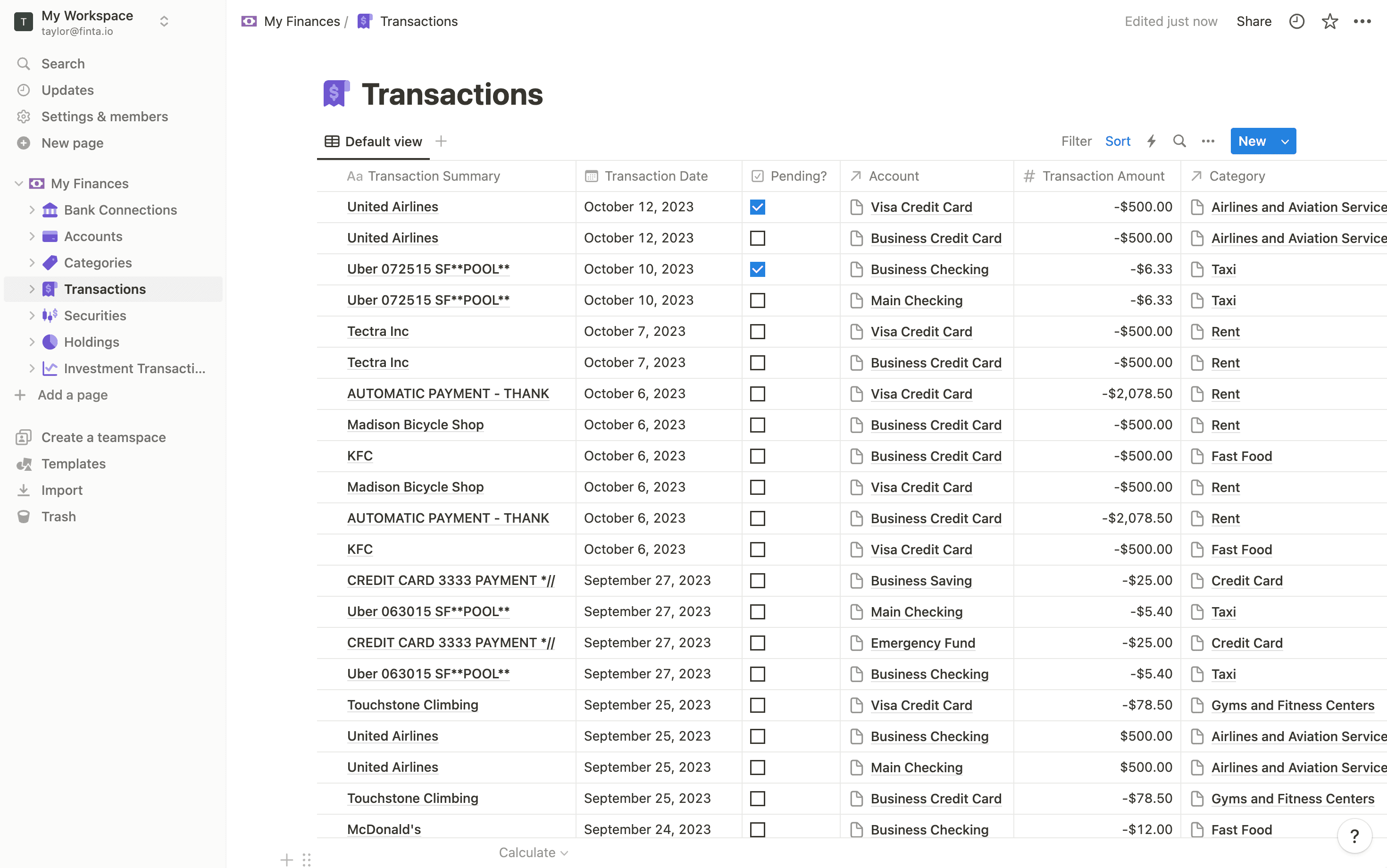 Screenshot of transactions in Notion